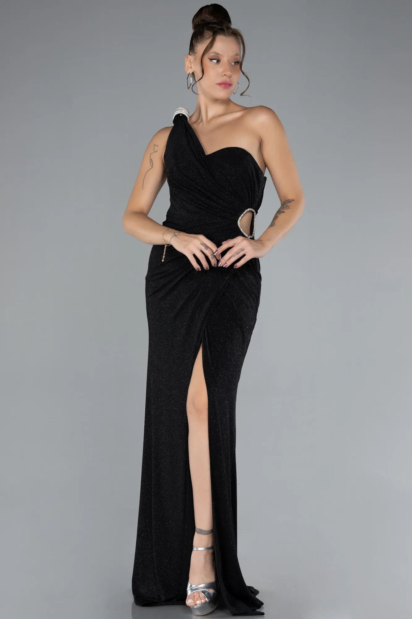 Black-One Shoulder Slit Long Silvery Evening Gown ABU4309