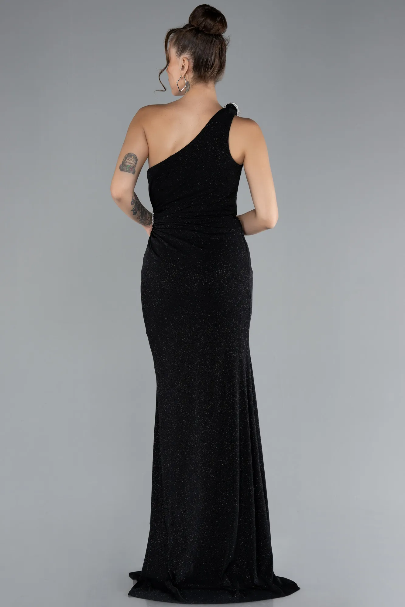 Black-One Shoulder Slit Long Silvery Evening Gown ABU4309