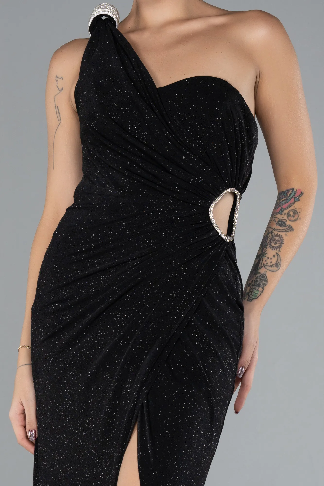 Black-One Shoulder Slit Long Silvery Evening Gown ABU4309