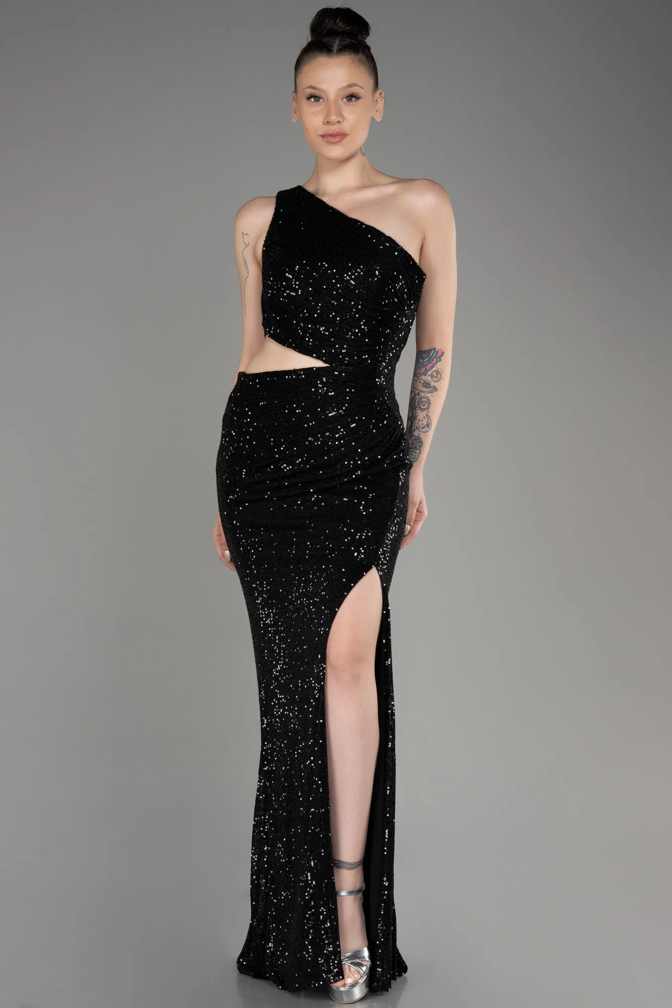 Black-One Shoulder Slit Scaly Evening Dress ABU3904