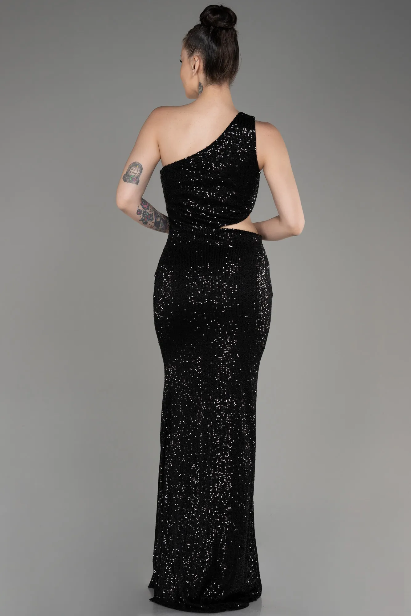 Black-One Shoulder Slit Scaly Evening Dress ABU3904