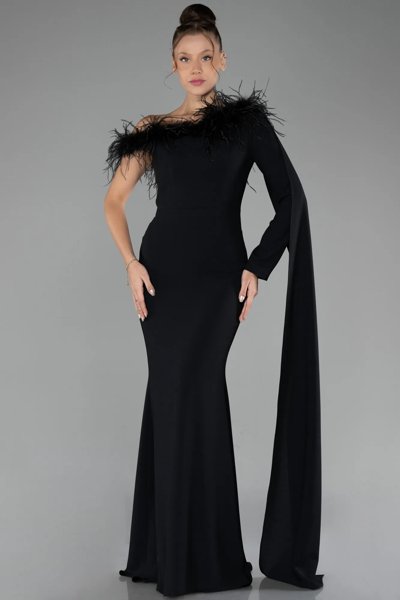 Black-One Sleeve Cape Long Mermaid Evening Dress ABU4295