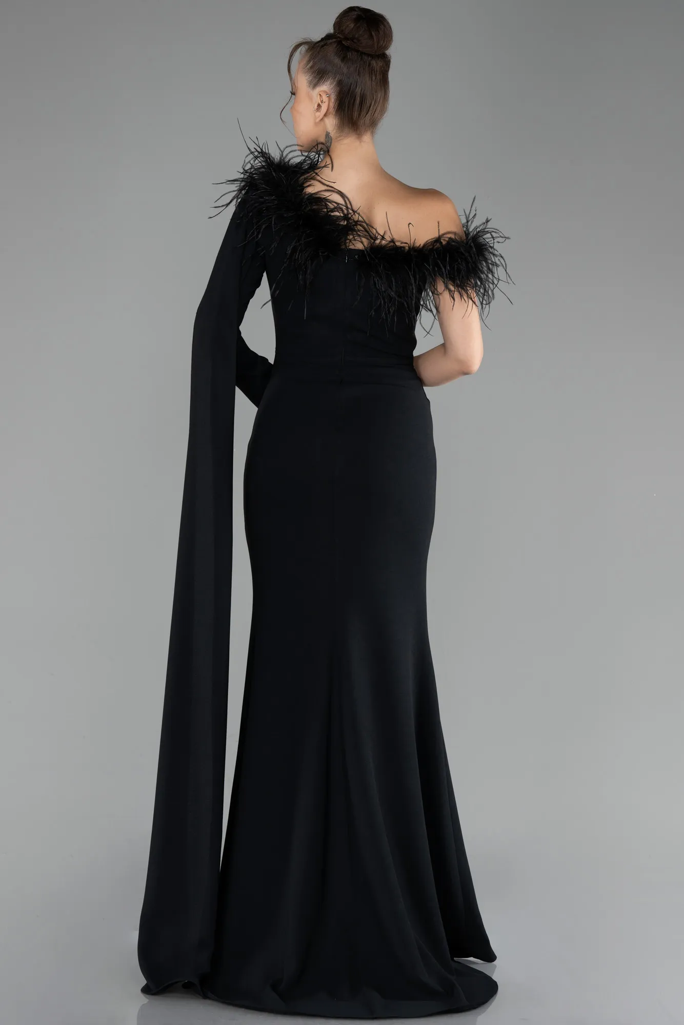 Black-One Sleeve Cape Long Mermaid Evening Dress ABU4295