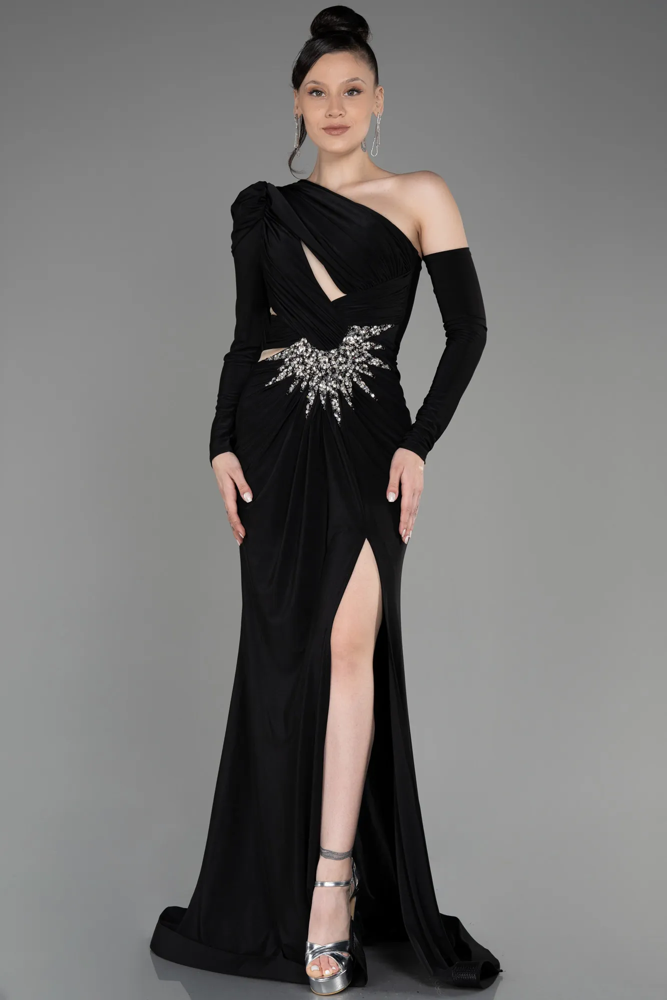 Black-One Sleeve Long Evening Dress ABU3851