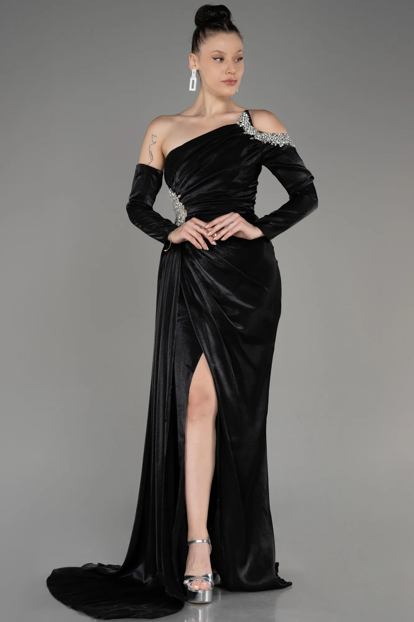 Black-One Sleeve Long Formal Evening Dress ABU3976