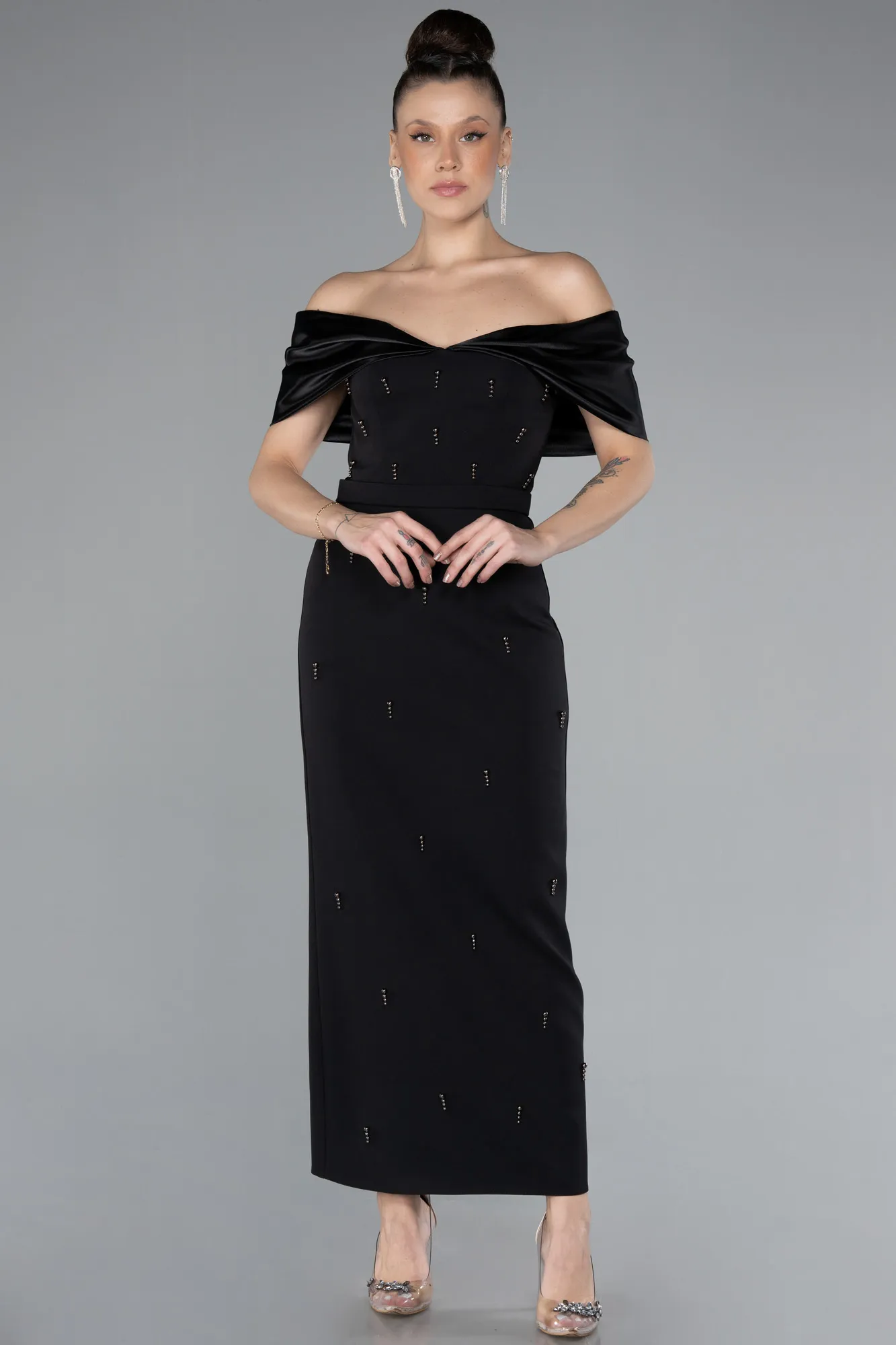 Black-Satin Boat Neck Stone Midi Evening Dress ABK2212