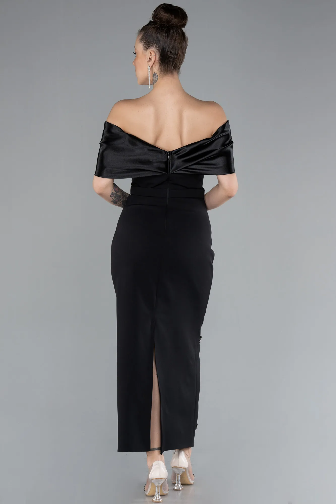 Black-Satin Boat Neck Stone Midi Evening Dress ABK2212