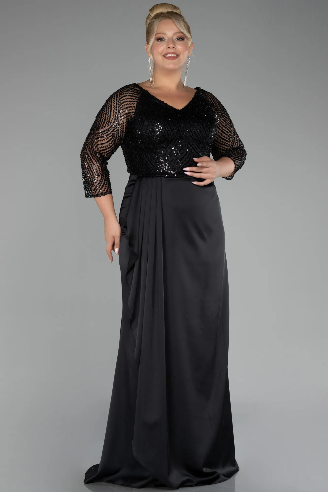 Black-Scaly Capri Sleeve Long Satin Plus Size Evening Dress ABU4205