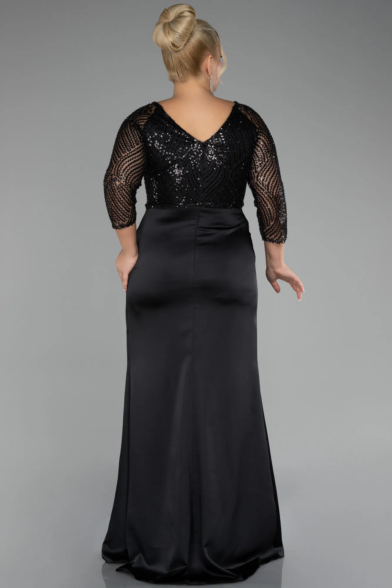 Black-Scaly Capri Sleeve Long Satin Plus Size Evening Dress ABU4205