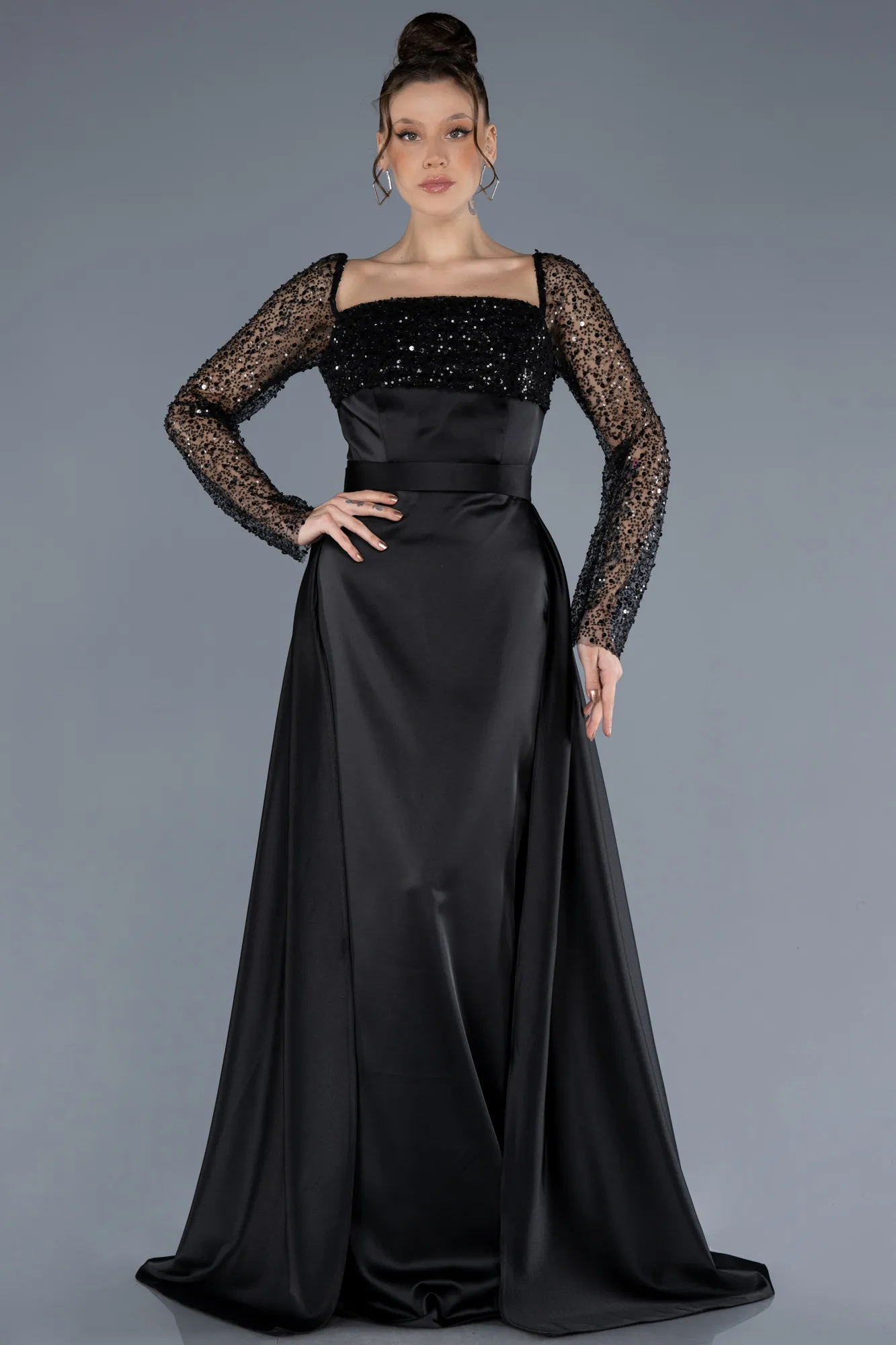 Black-Scaly Long Sleeve Satin Tail Evening Gown ABU4583