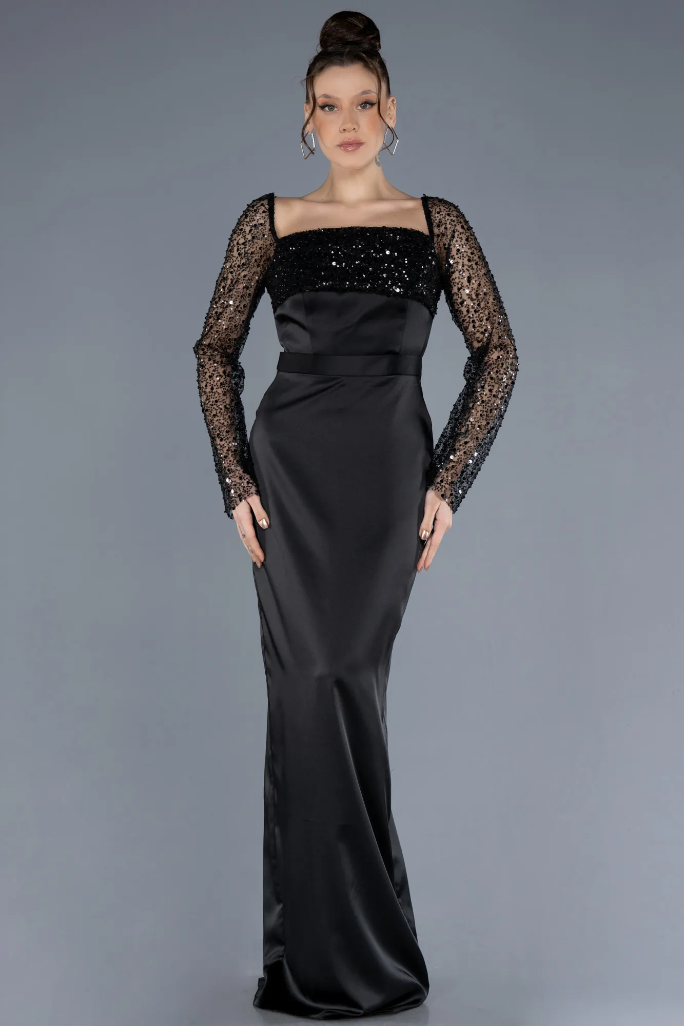 Black-Scaly Long Sleeve Satin Tail Evening Gown ABU4583