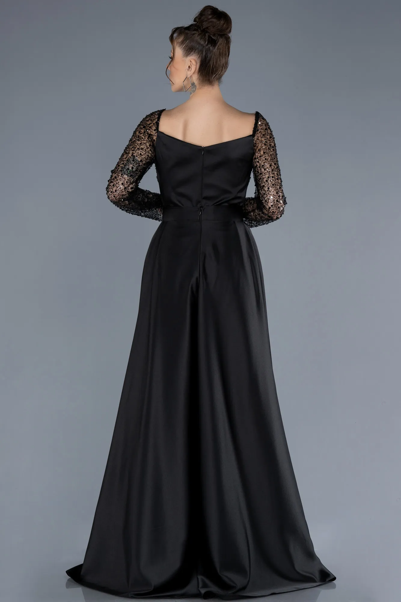 Black-Scaly Long Sleeve Satin Tail Evening Gown ABU4583