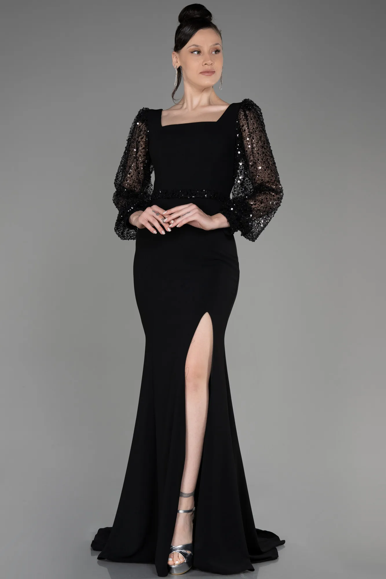 Black-Scaly Long Sleeve Slit Evening Dress ABU3852