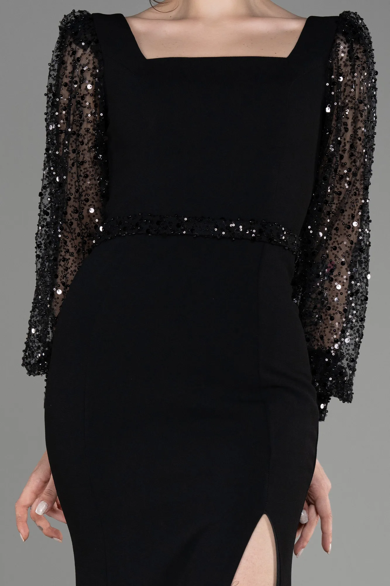 Black-Scaly Long Sleeve Slit Evening Dress ABU3852