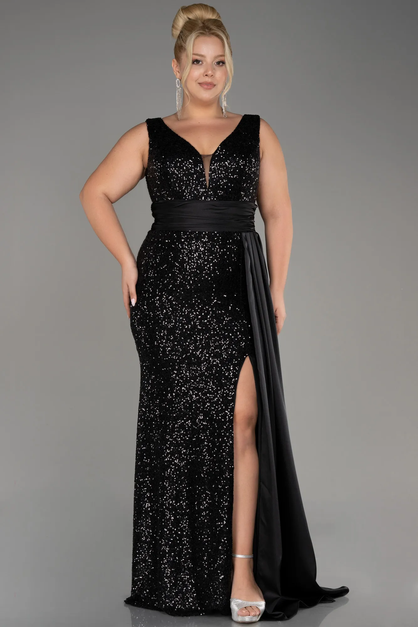 Black-Sequin Long Sleeve Chiffon Evening Dress ABU4030