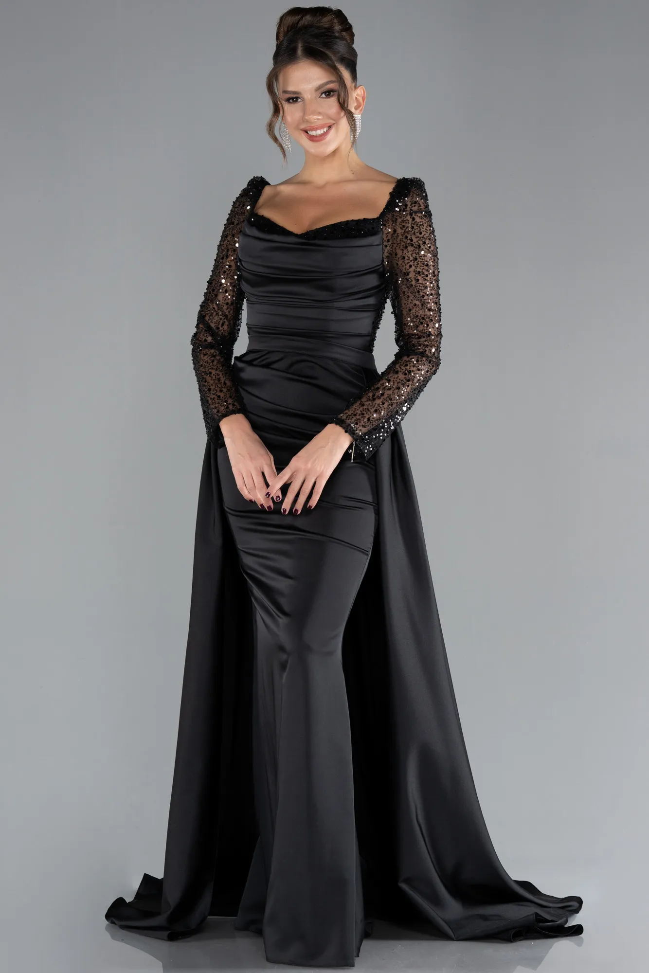 Black-Sequin Long Sleeves Tail Satin Mermaid Evening Gown ABU4332