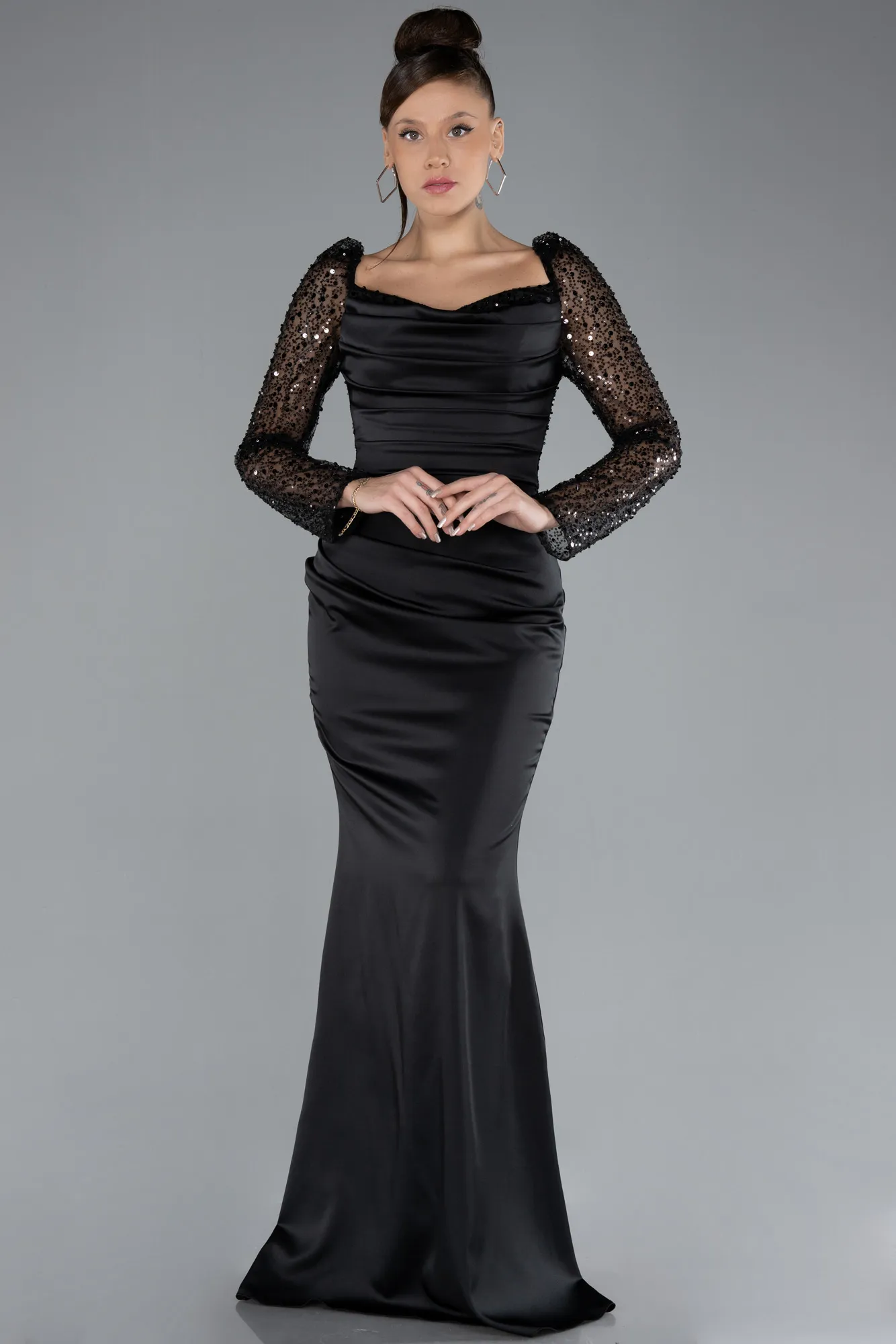 Black-Sequin Long Sleeves Tail Satin Mermaid Evening Gown ABU4332