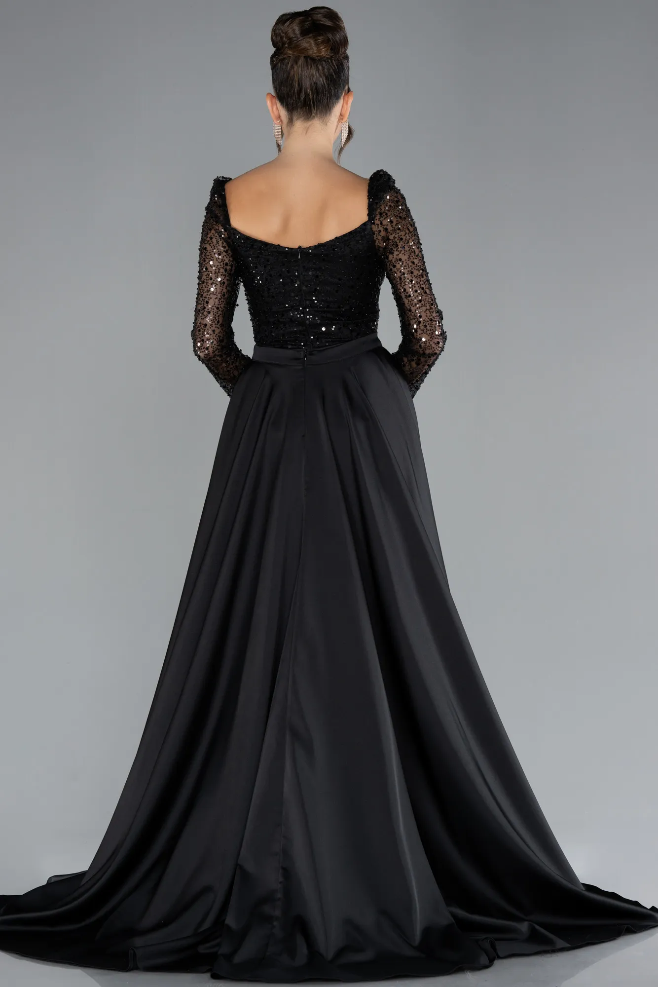 Black-Sequin Long Sleeves Tail Satin Mermaid Evening Gown ABU4332