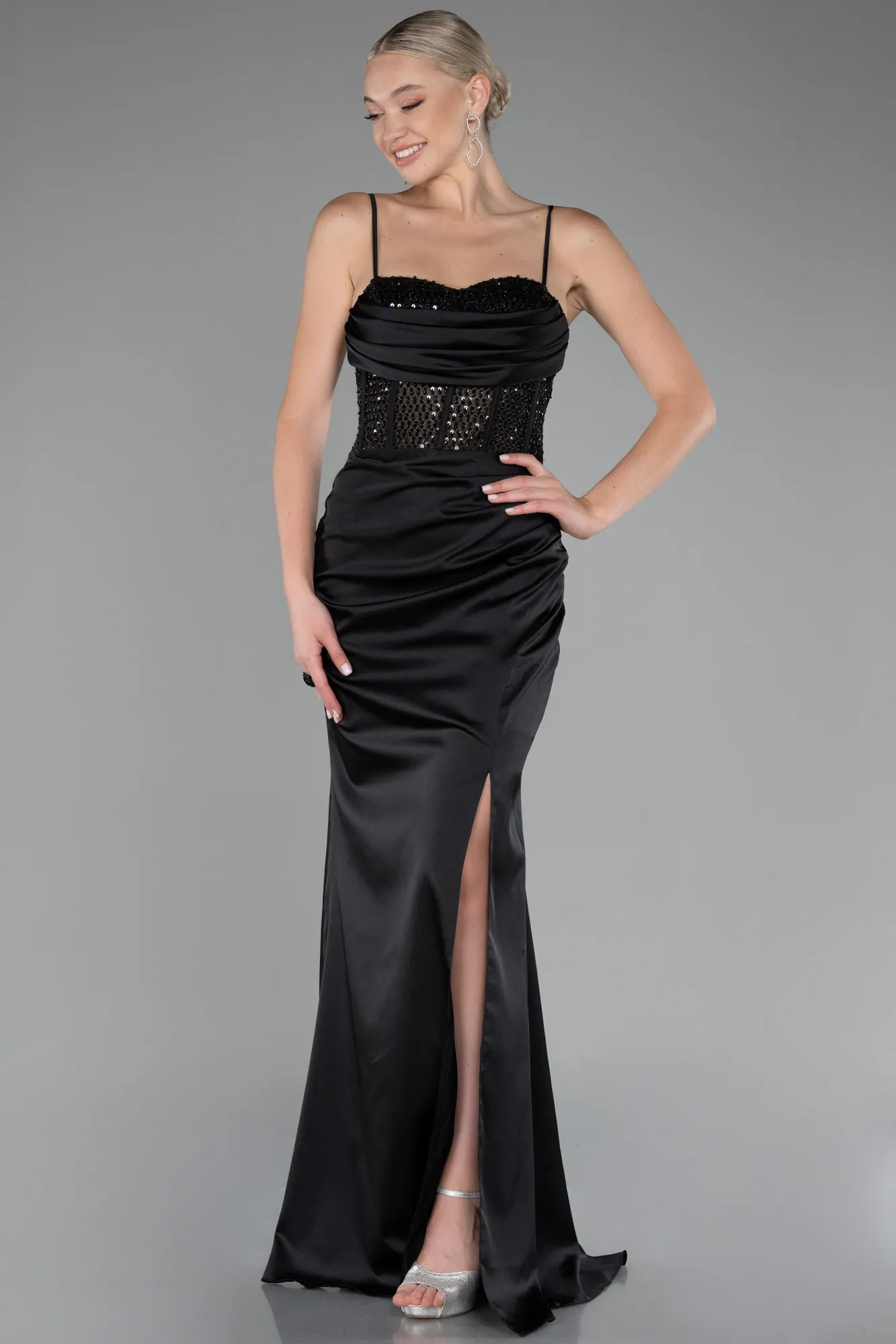 Black-Sequin Slit On Top Long Satin Evening Gown ABU4068