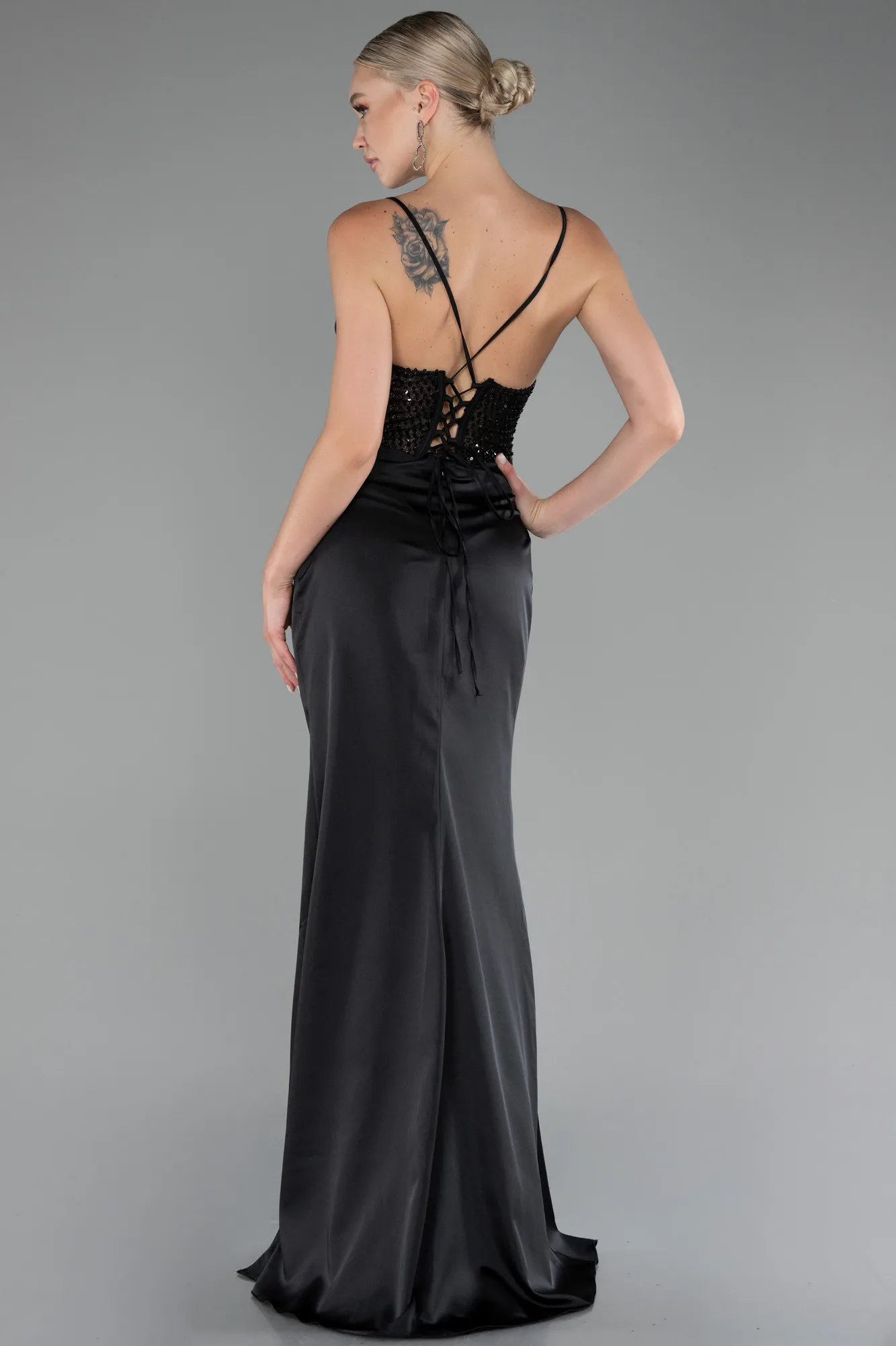 Black-Sequin Slit On Top Long Satin Evening Gown ABU4068