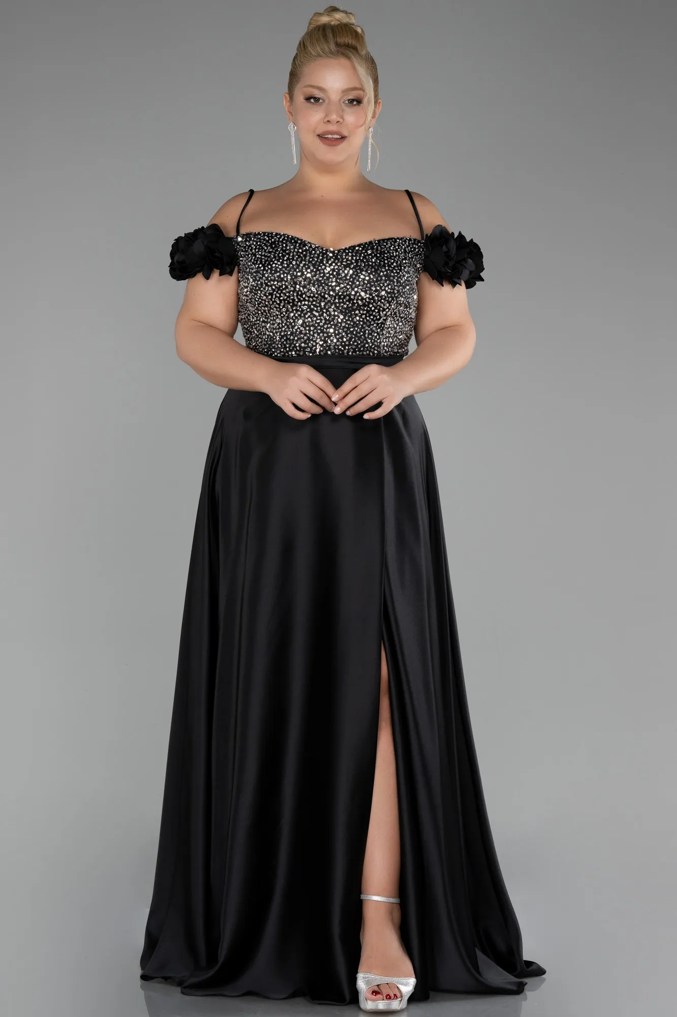 Black-Sequined Boat Neck Long Satin Plus Size Evening Gown ABU4127