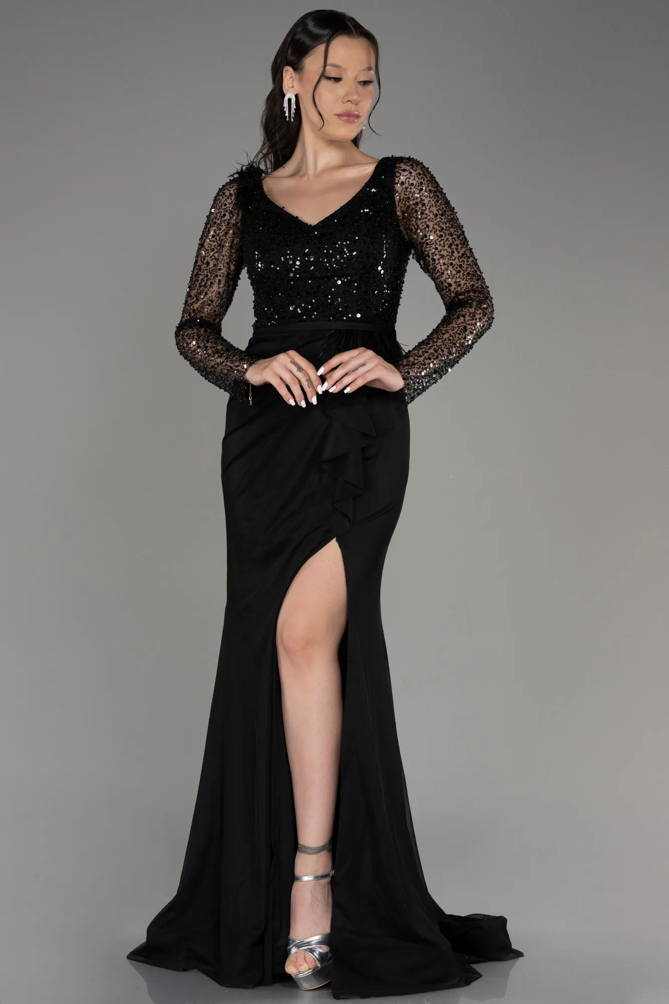 Black-Sequined Long Sleeve Slit Evening Dress ABU3283