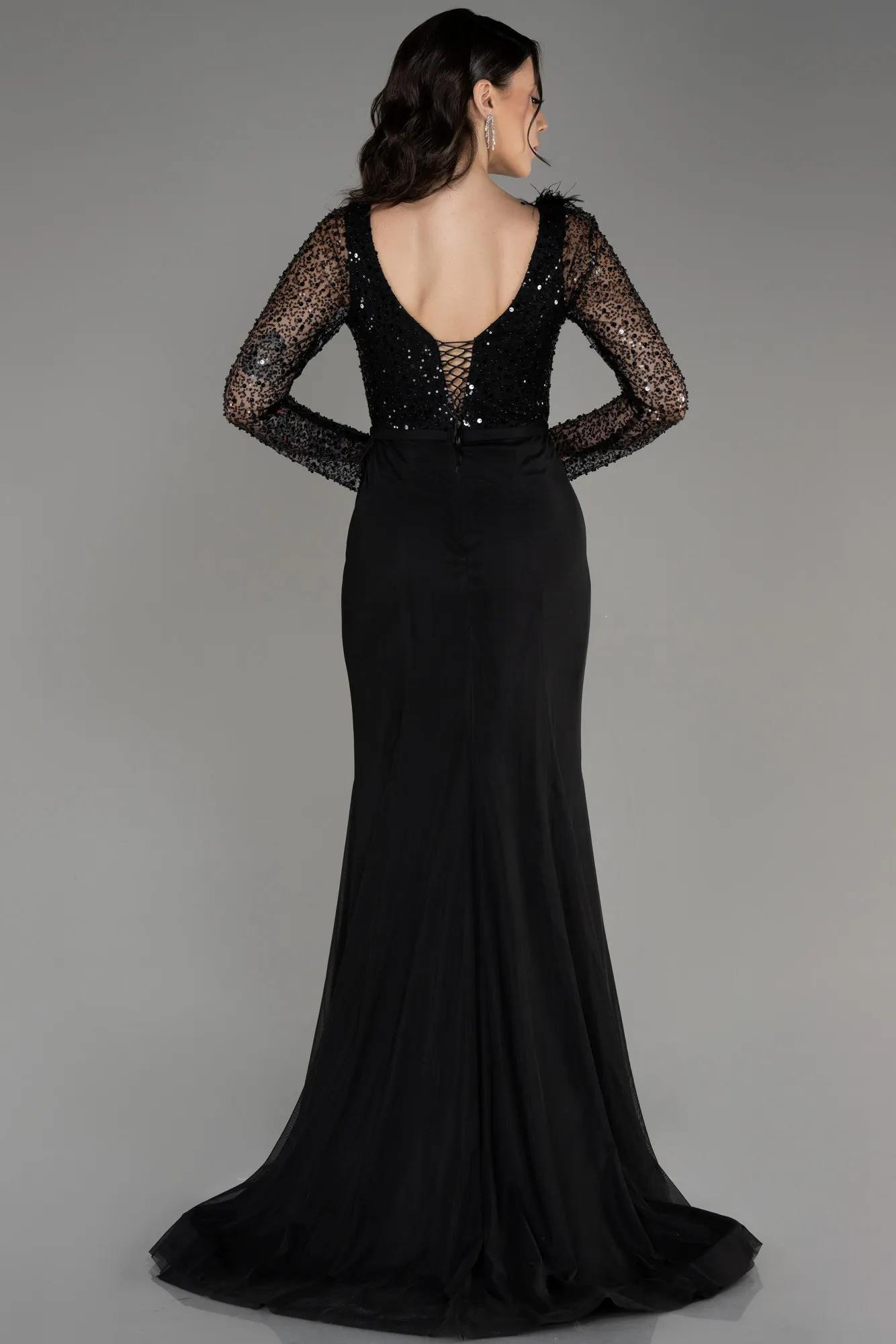 Black-Sequined Long Sleeve Slit Evening Dress ABU3283