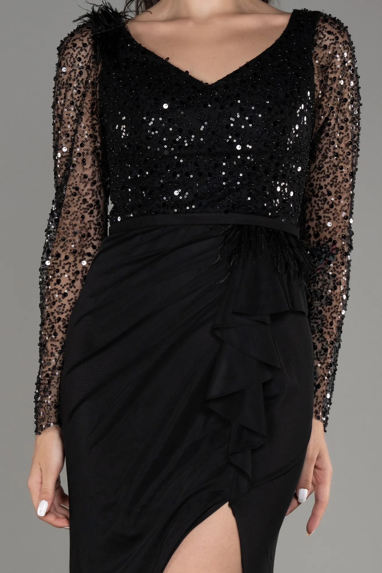 Black-Sequined Long Sleeve Slit Evening Dress ABU3283