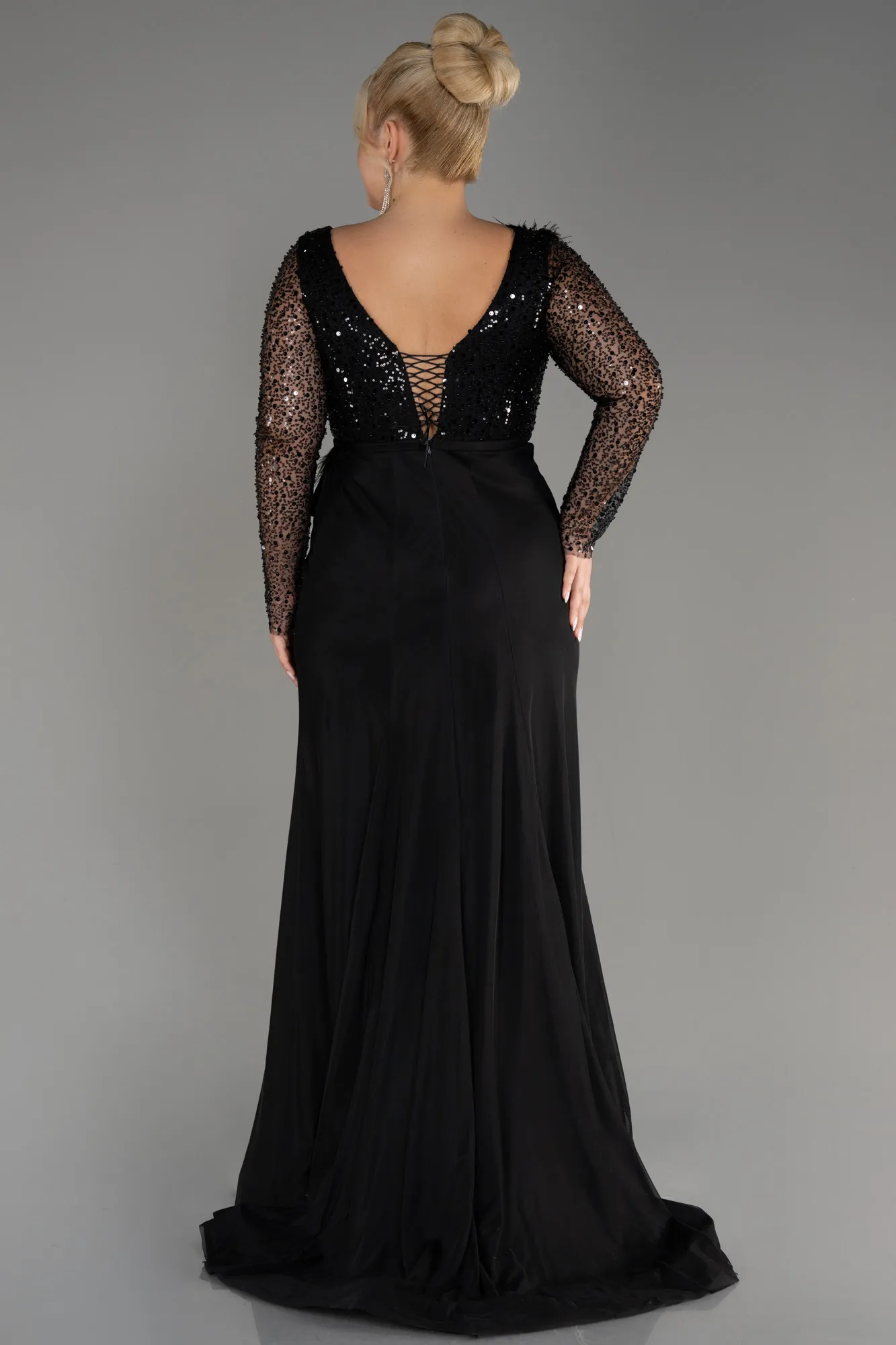 Black-Sequined Long Sleeve Slit Pus Size Evening Dress ABU3284