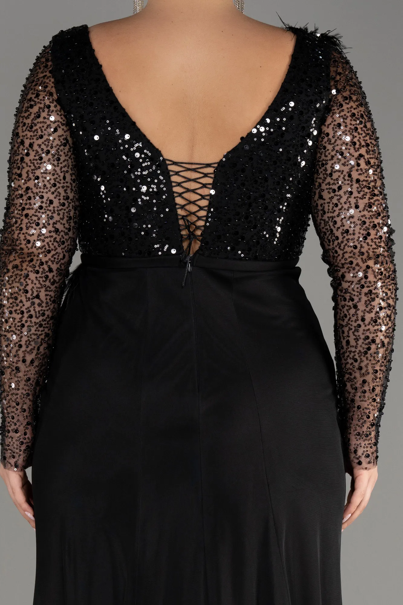 Black-Sequined Long Sleeve Slit Pus Size Evening Dress ABU3284