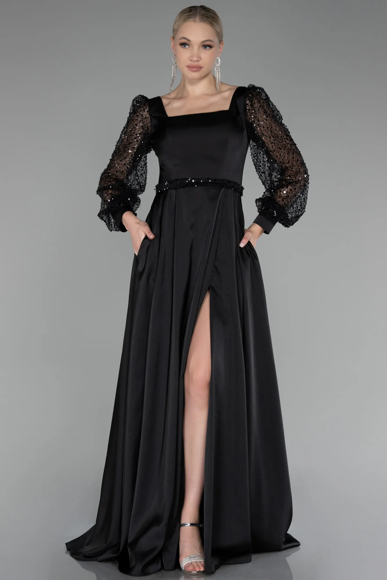 Black-Sequined Long Sleeve Slit Satin Evening Dress ABU4121