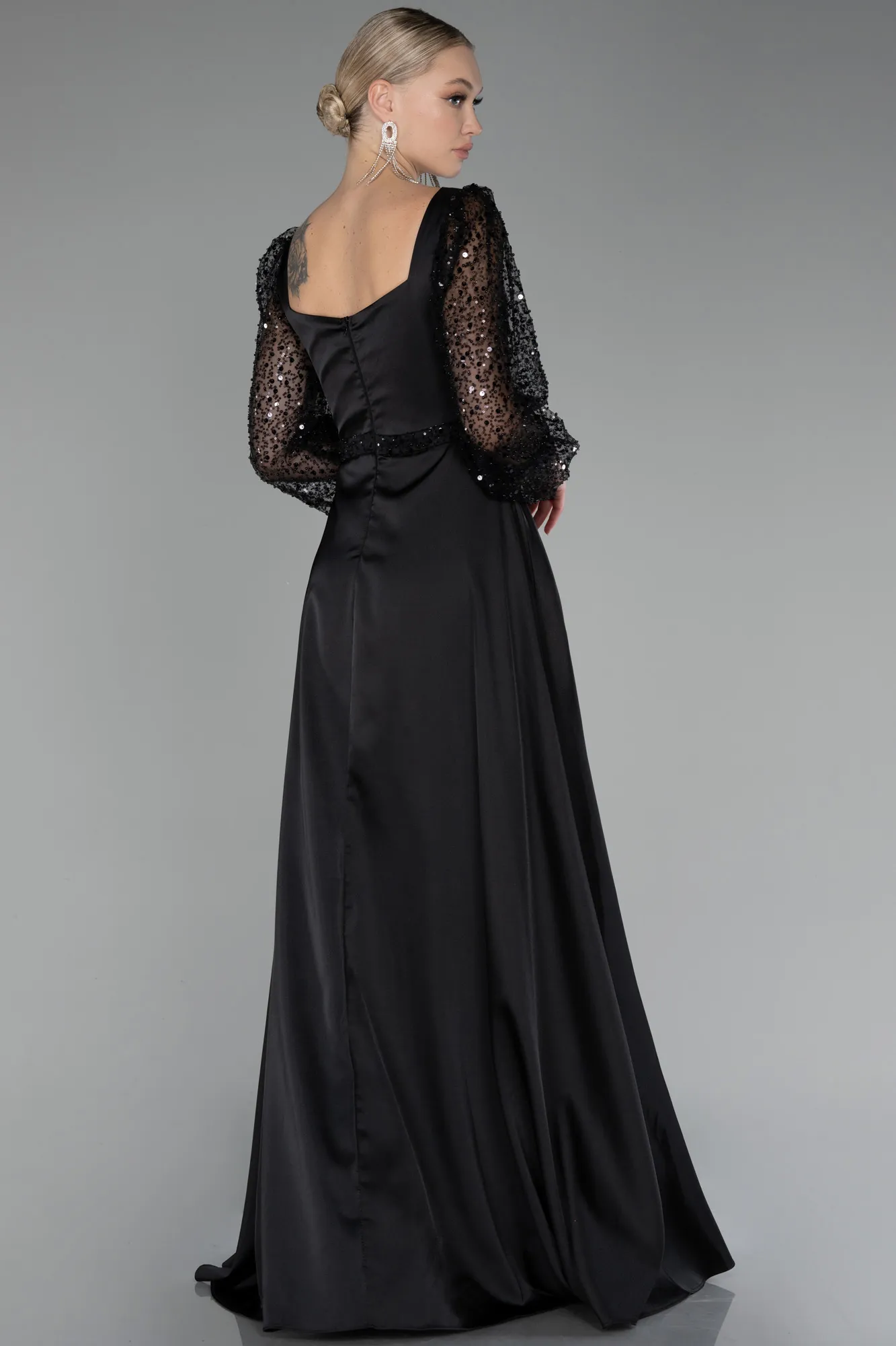 Black-Sequined Long Sleeve Slit Satin Evening Dress ABU4121