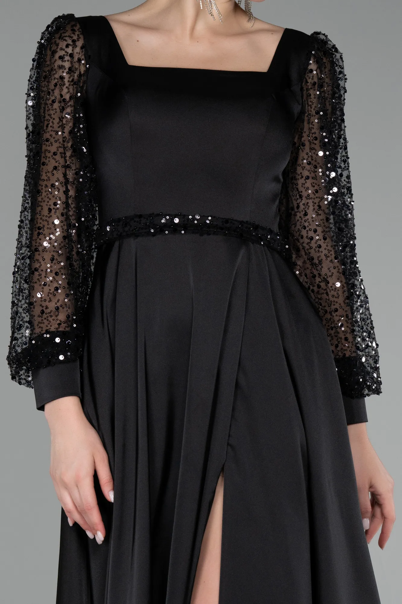 Black-Sequined Long Sleeve Slit Satin Evening Dress ABU4121