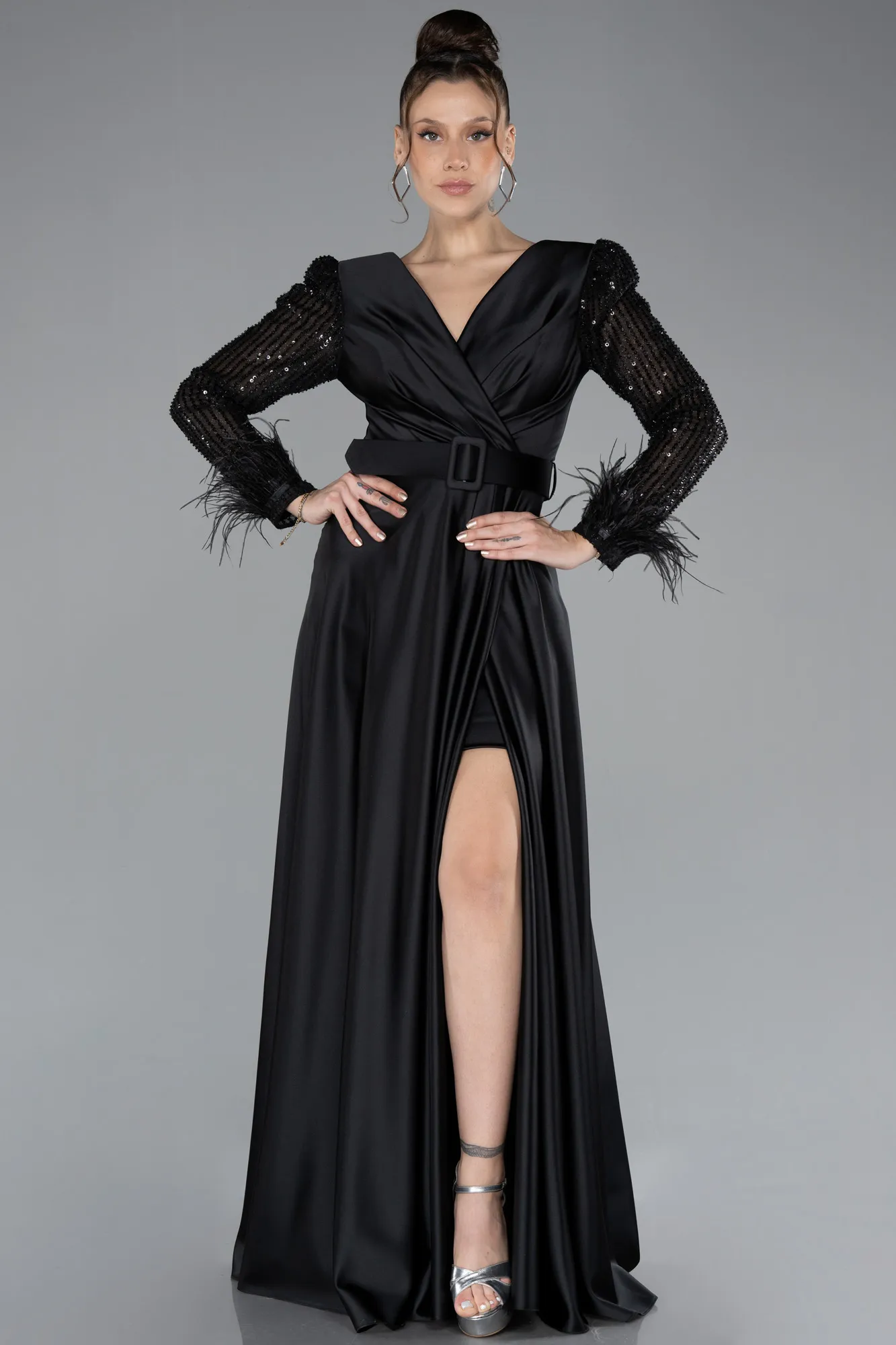 Black-Sequined Long Sleeve Slit Satin Evening Dress ABU4399