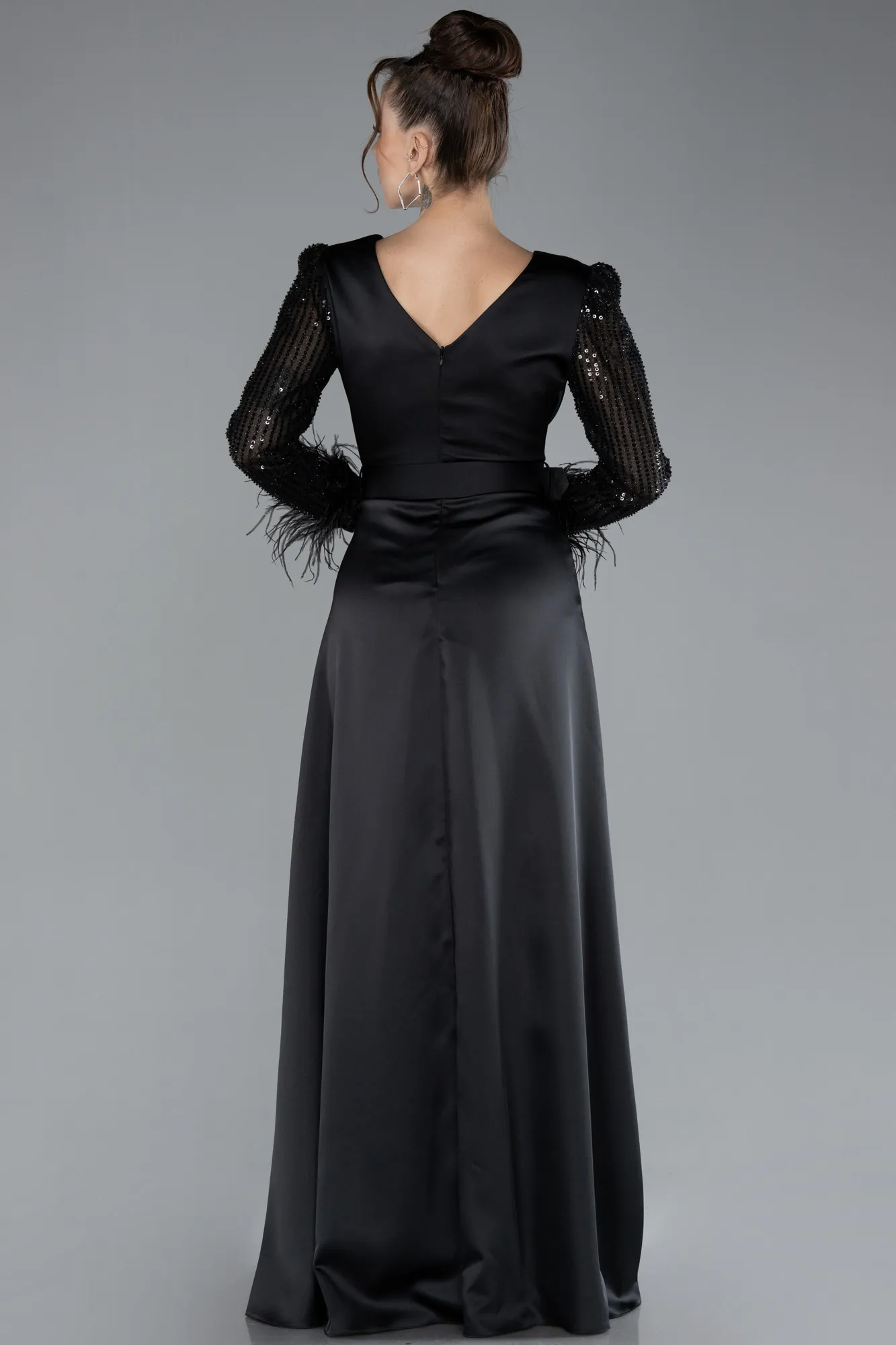 Black-Sequined Long Sleeve Slit Satin Evening Dress ABU4399