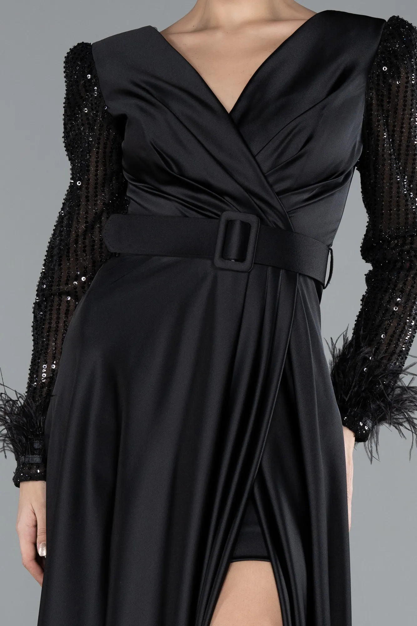 Black-Sequined Long Sleeve Slit Satin Evening Dress ABU4399