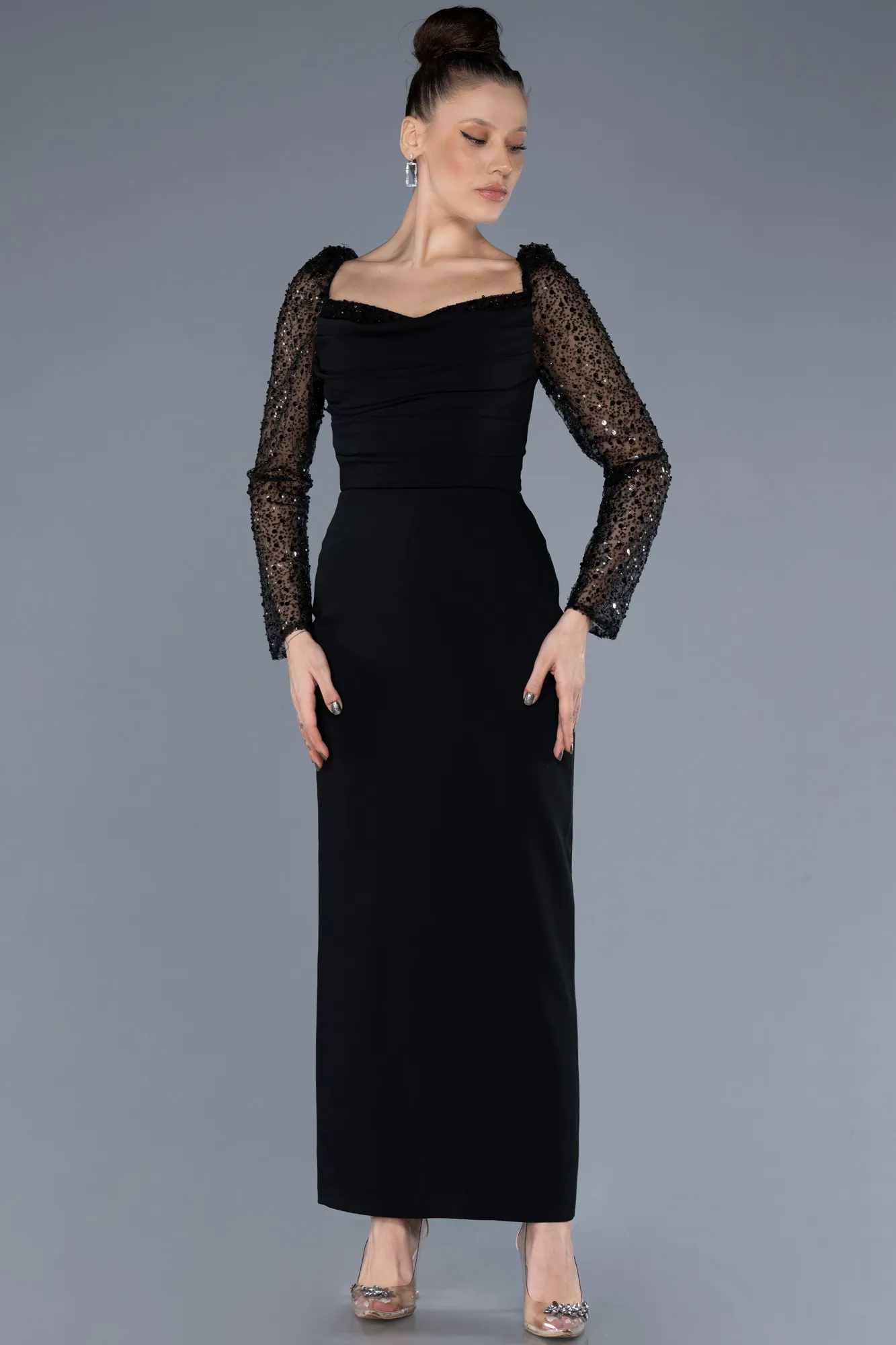 Black-Sequined Long Sleeve Square Neck Midi Invitation Dress ABK2216