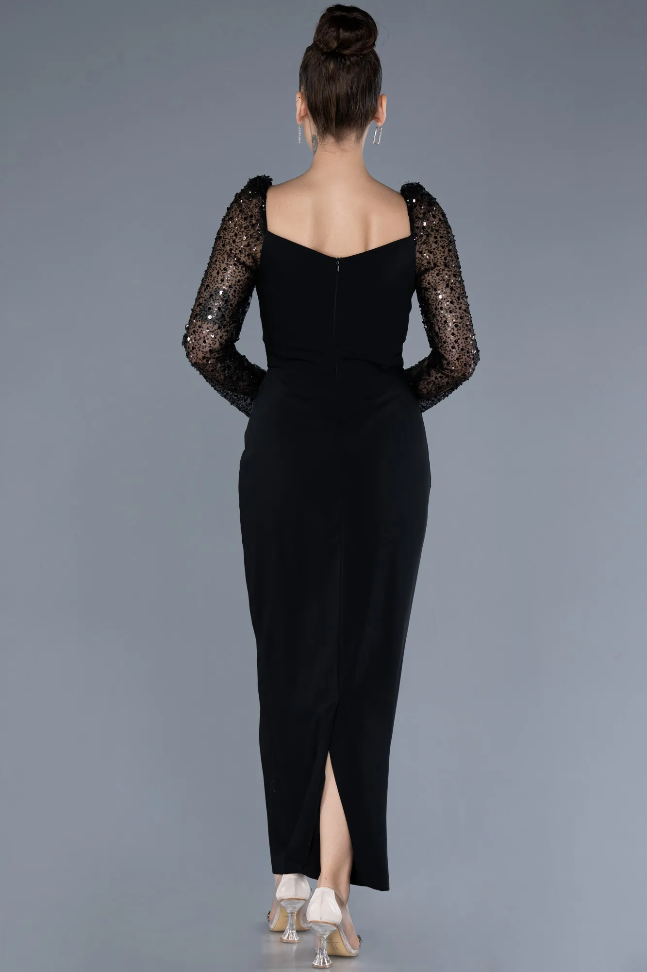 Black-Sequined Long Sleeve Square Neck Midi Invitation Dress ABK2216