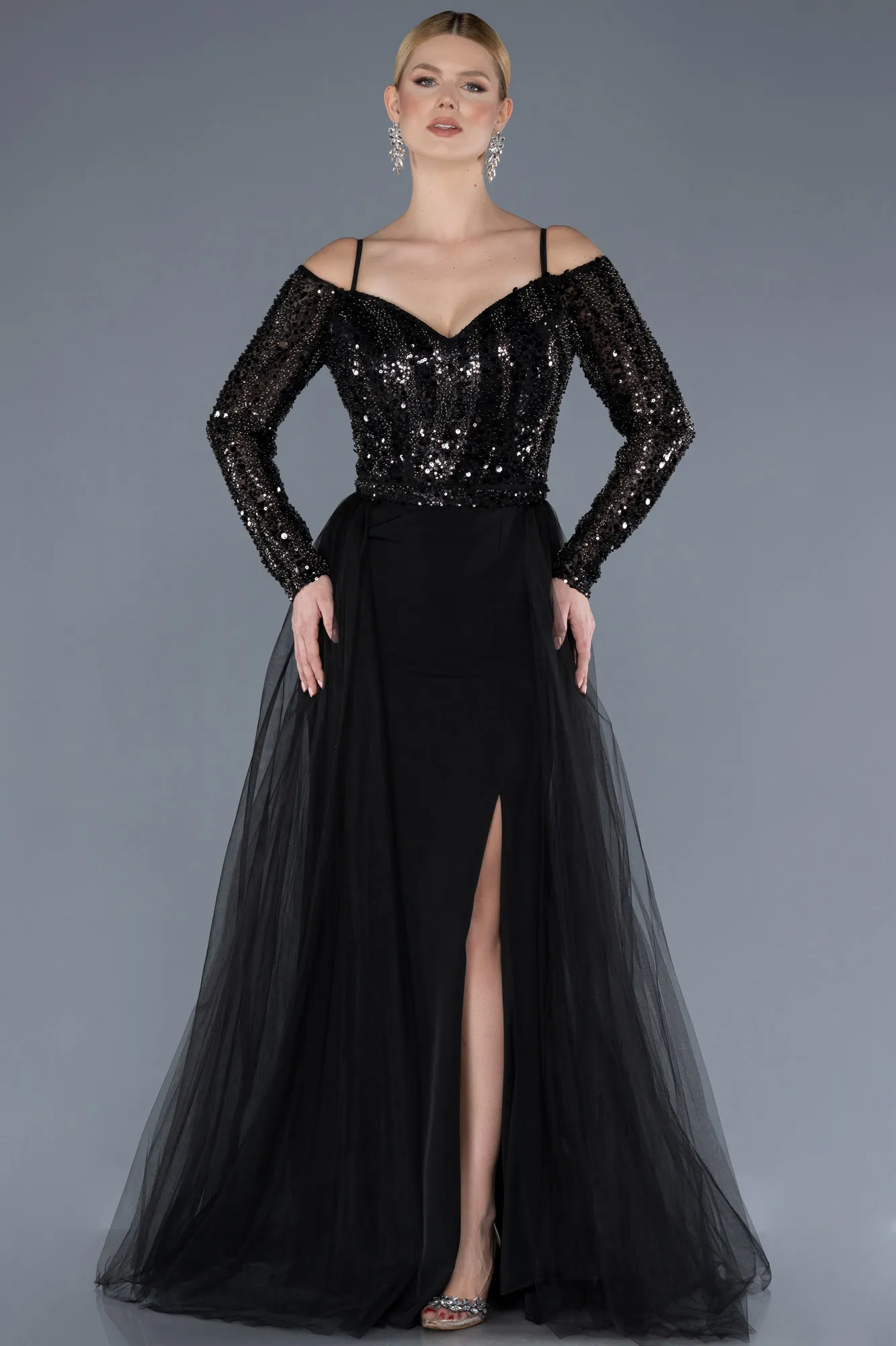 Black-Sequined Long Sleeve Trained Mermaid Evening Gown ABU4501