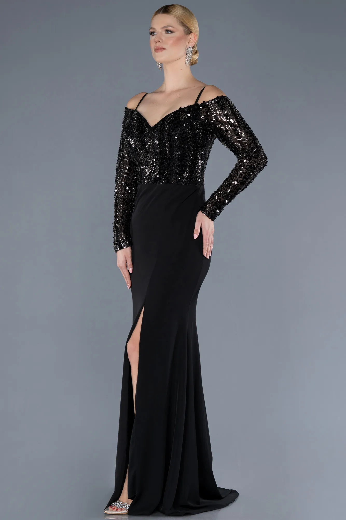 Black-Sequined Long Sleeve Trained Mermaid Evening Gown ABU4501