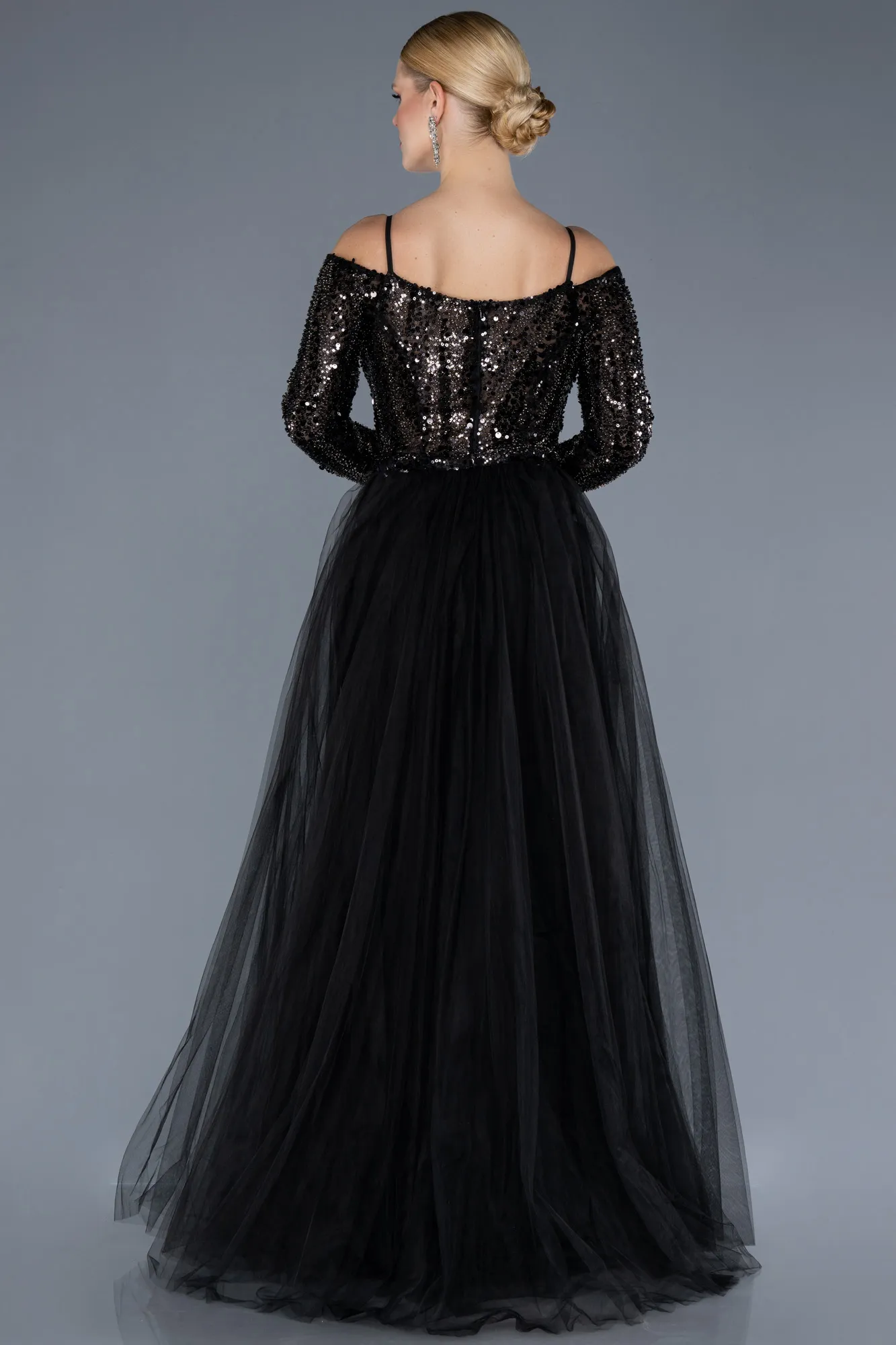 Black-Sequined Long Sleeve Trained Mermaid Evening Gown ABU4501