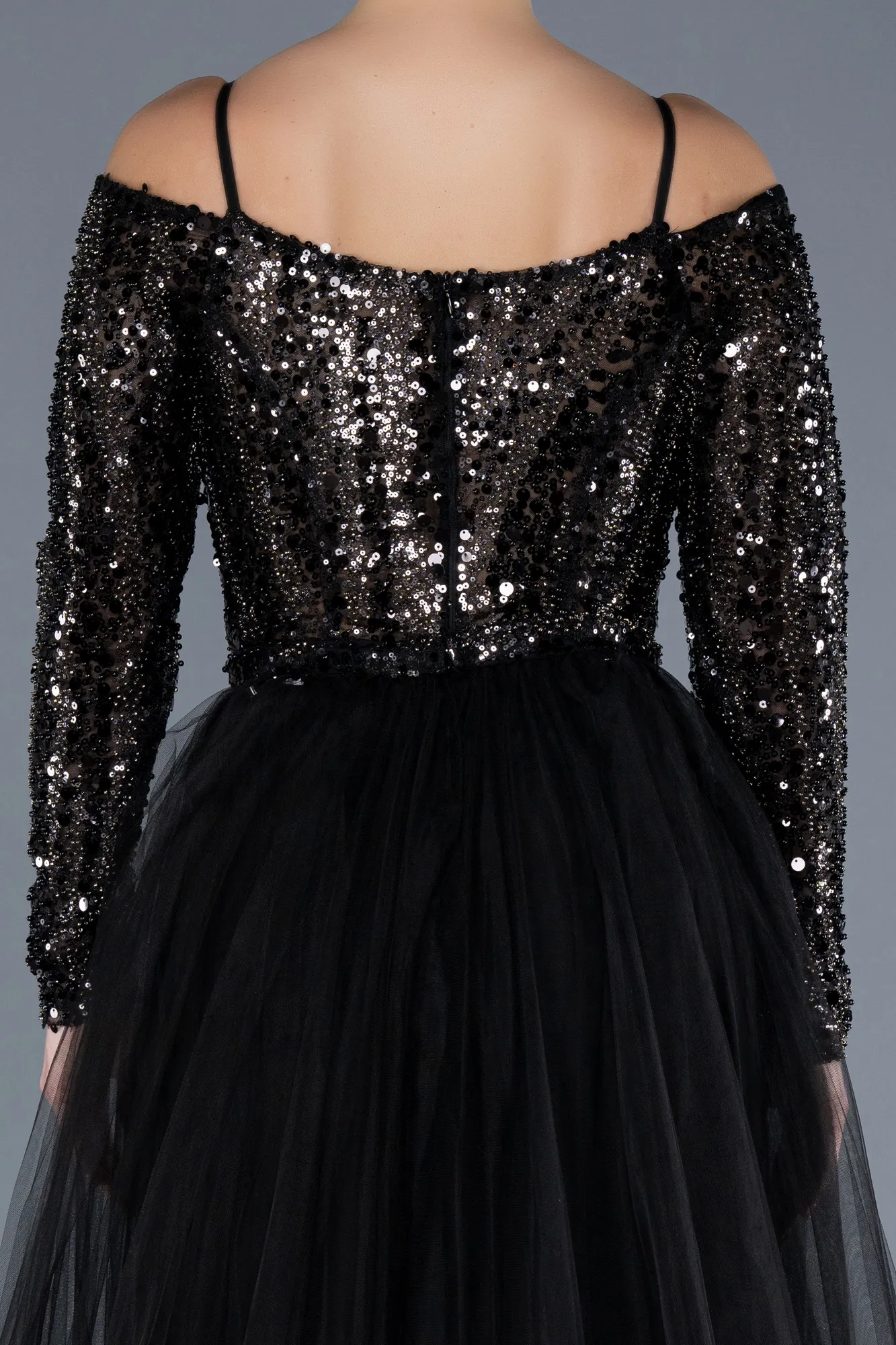 Black-Sequined Long Sleeve Trained Mermaid Evening Gown ABU4501