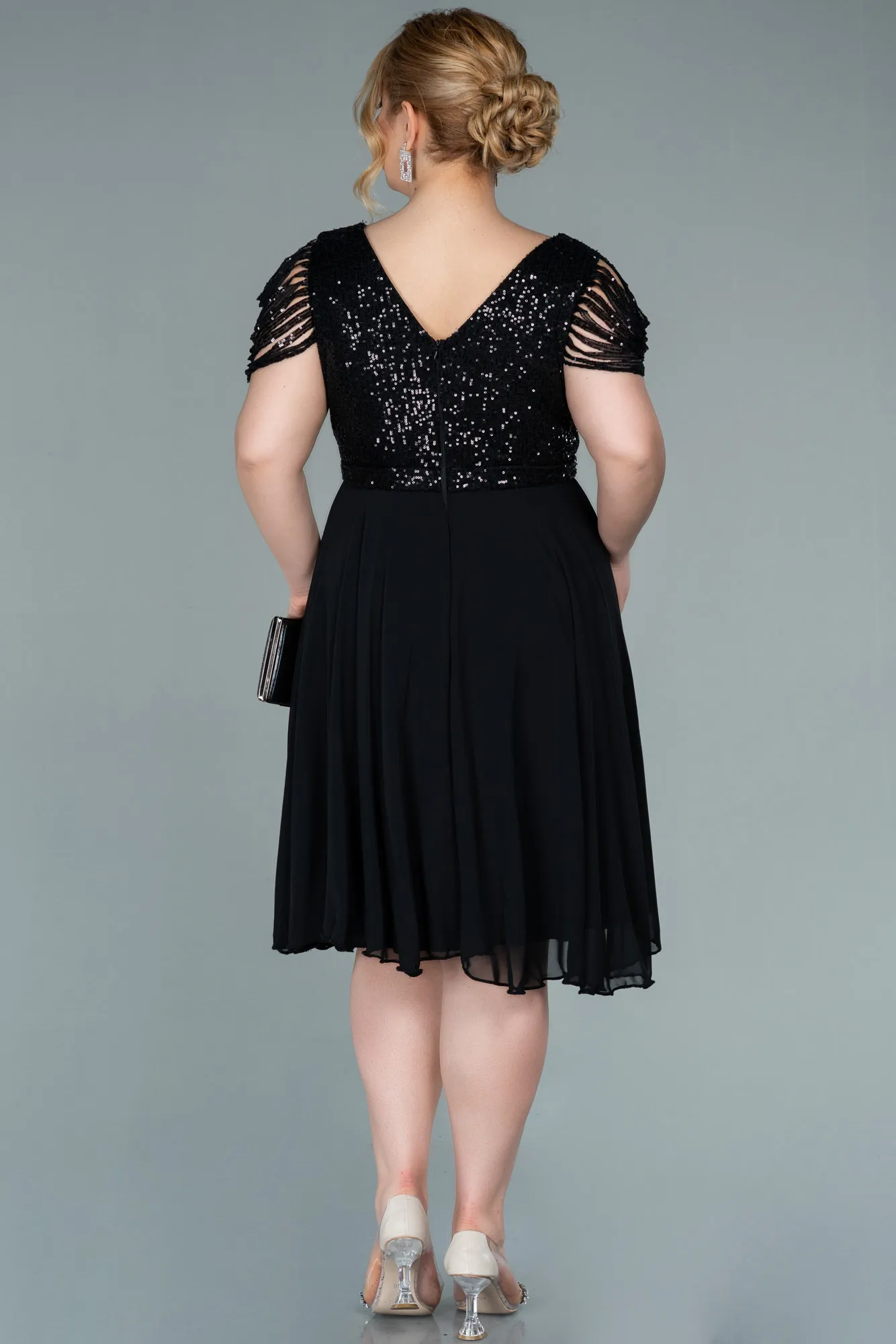 Black-Short Chiffon Plus Size Evening Dress ABK1376