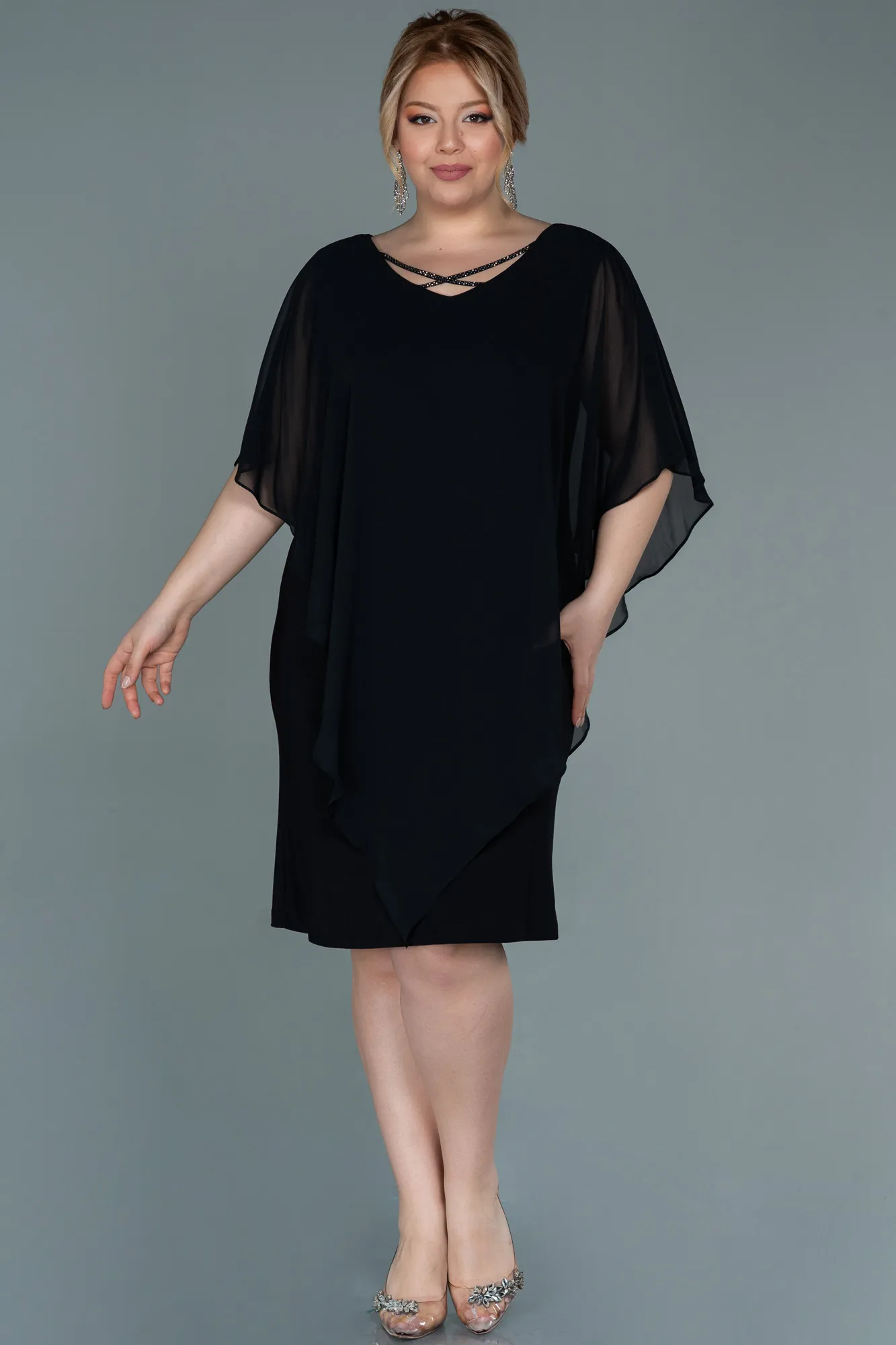 Black-Short Chiffon Plus Size Evening Dress ABK1494