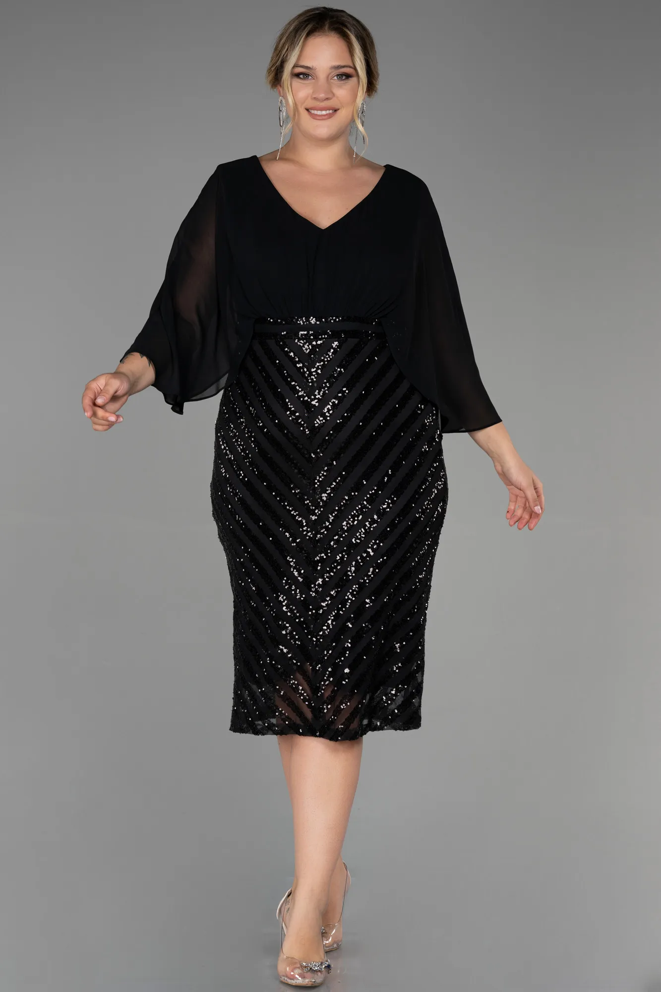 Black-Short Chiffon Plus Size Evening Dress ABK1852