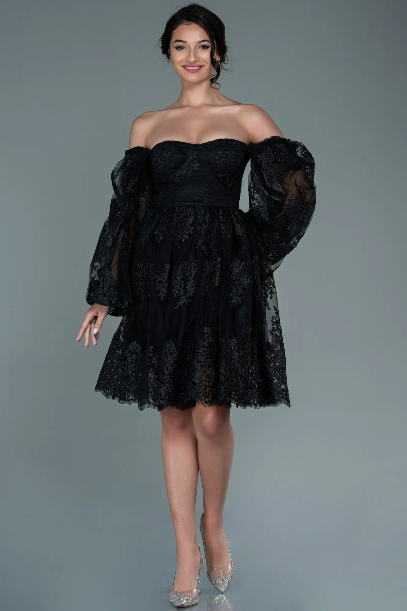 Black-Short Laced Invitation Dress ABK1549