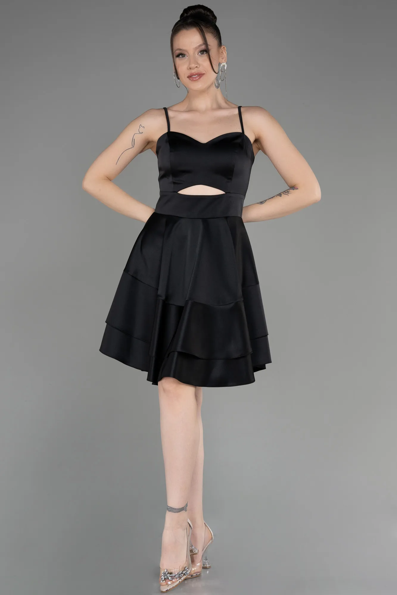 Black-Short Satin Cocktail Dress ABK2042