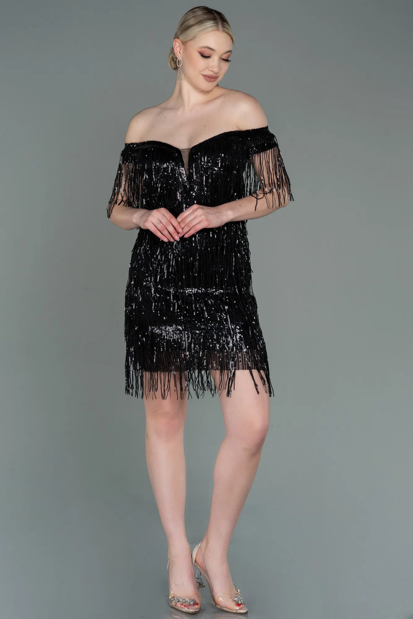 Black-Short Scaly Invitation Dress ABK1756
