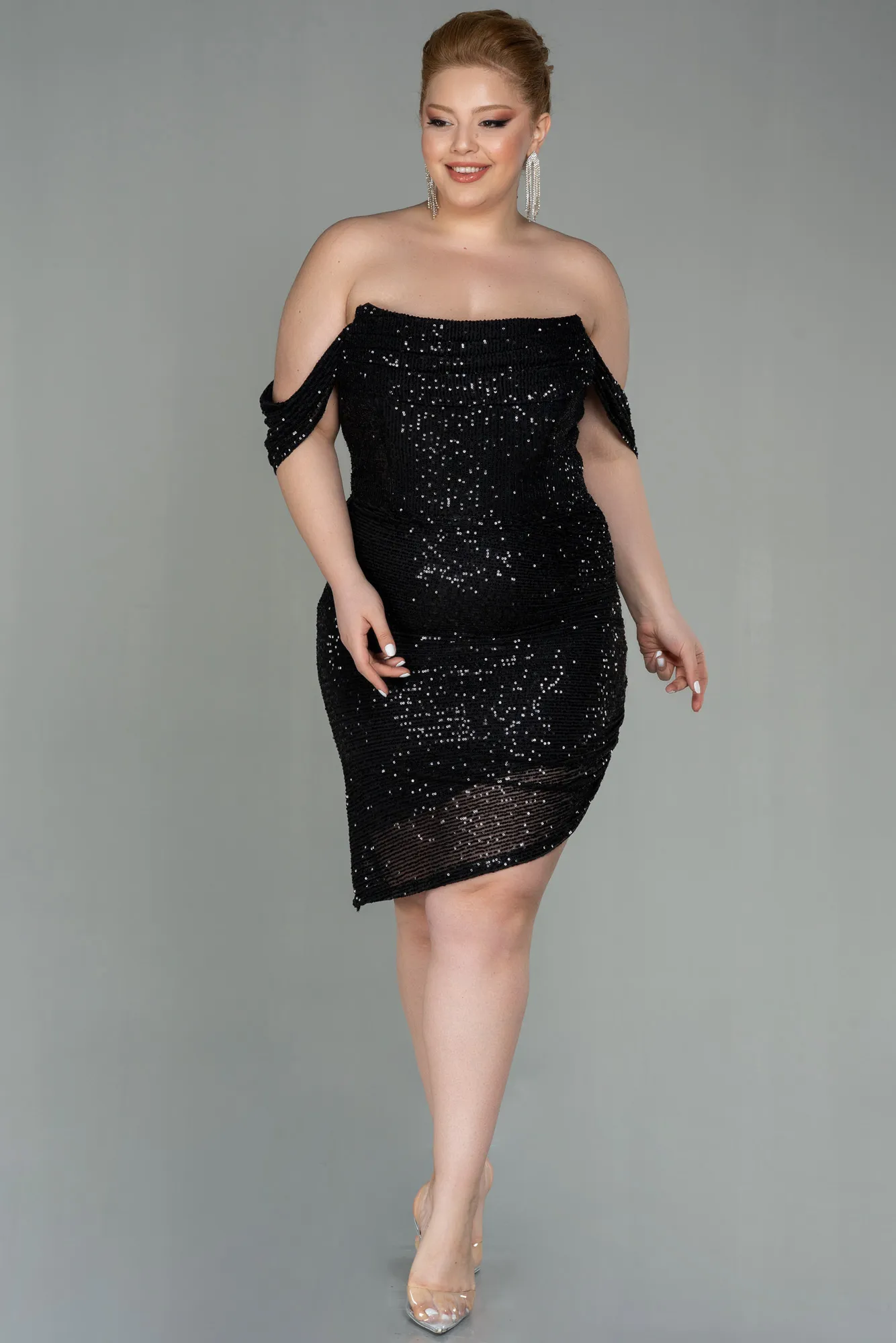 Black-Short Scaly Plus Size Evening Dress ABK1603