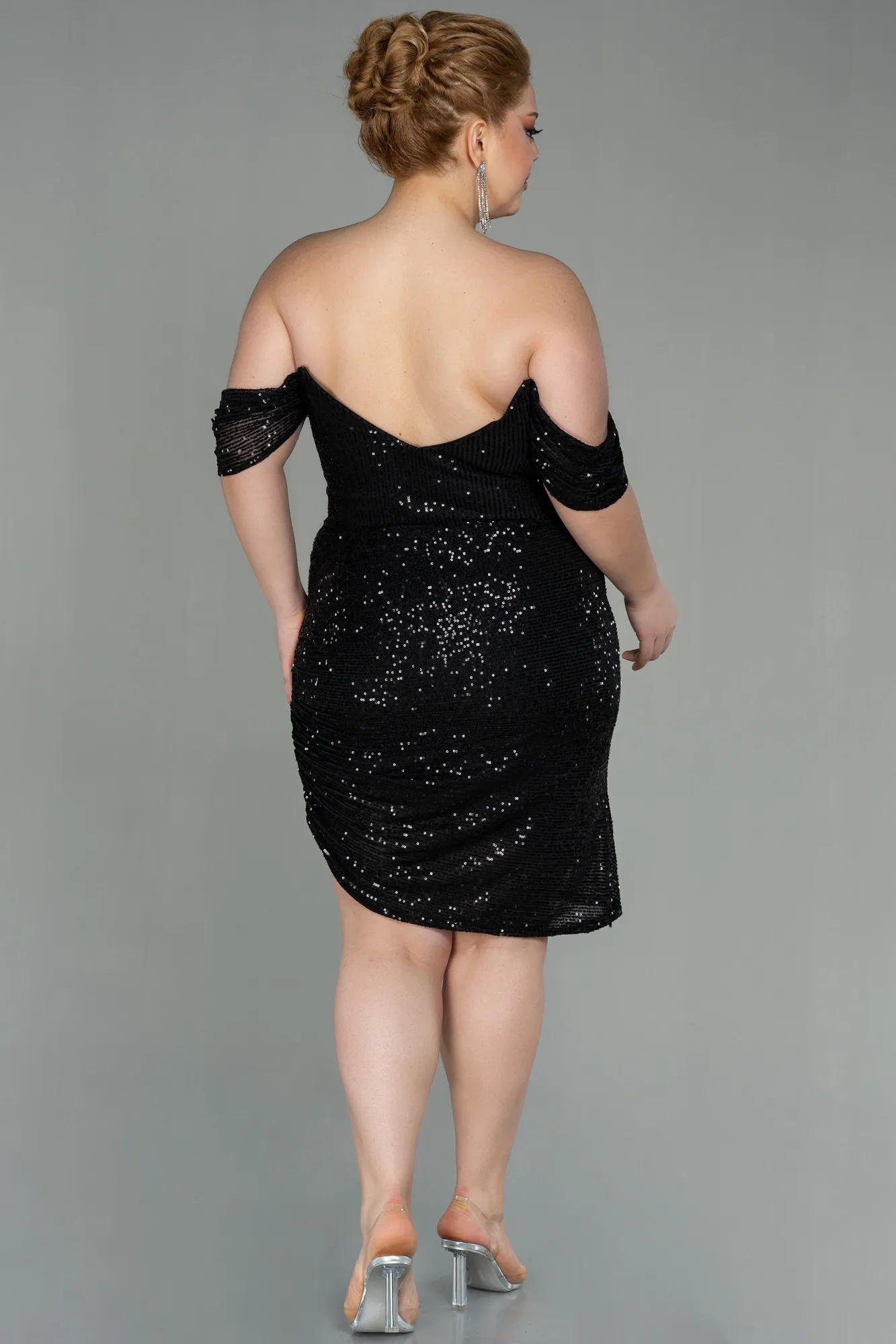Black-Short Scaly Plus Size Evening Dress ABK1603